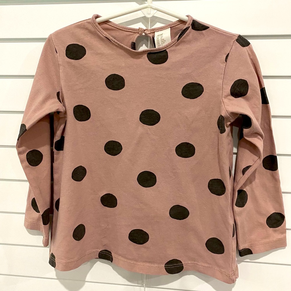 Toddler Girl’s H & M Mauve Brown Dots Long Sleeve Cotton Pullover Shirt 4T